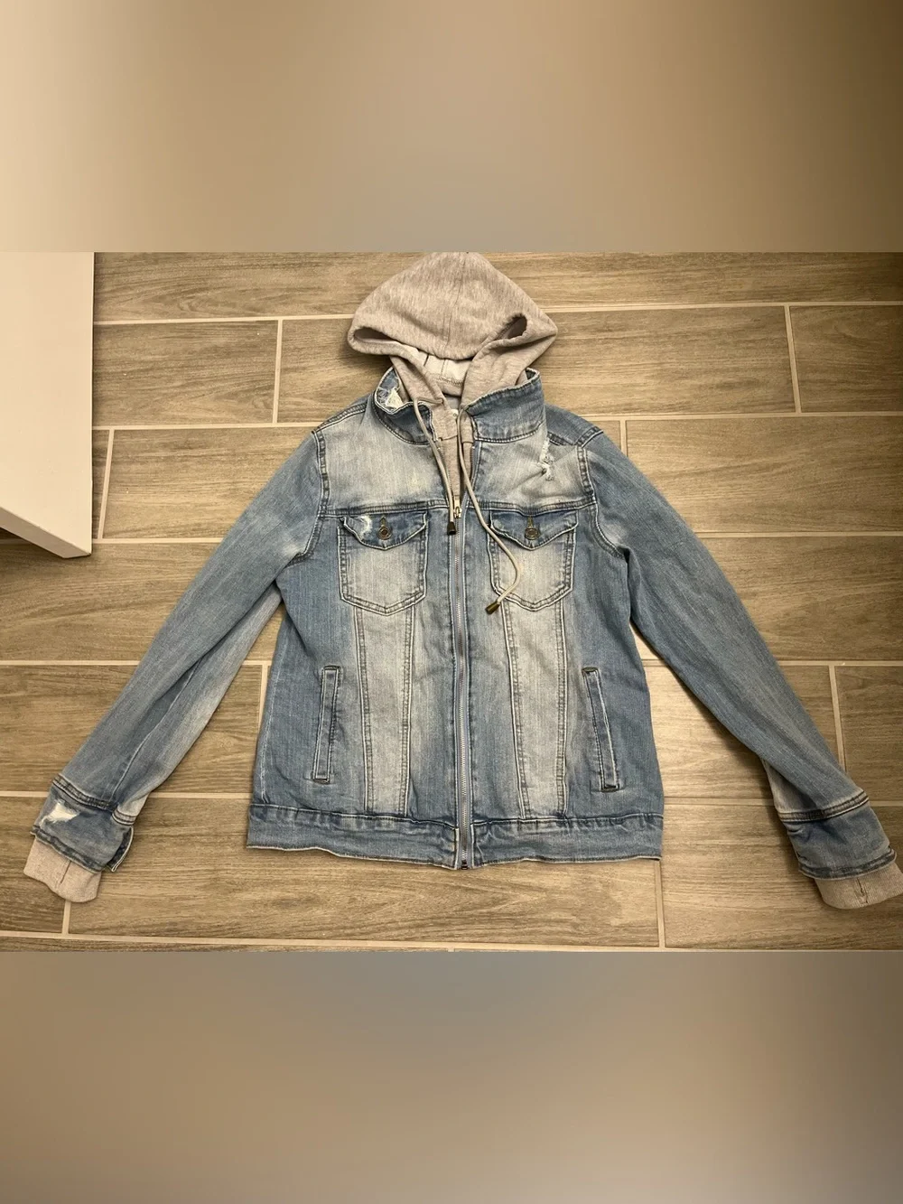Grace & Lace Distressed denim jacket with removable hood
